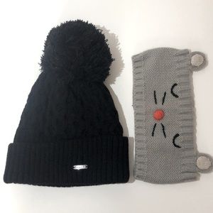 CALVIN KLEIN Black Beanie Pom Pom Hat Cat Kitty Headband